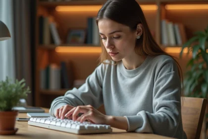 Femme pointant un signe spécial sur un clavier mécanique dans un bureau à domicile