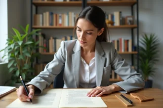 Femme comptant les signes sur un manuscrit imprimé à son bureau, avec règle et crayon, pour maîtriser les longueurs de texte en français