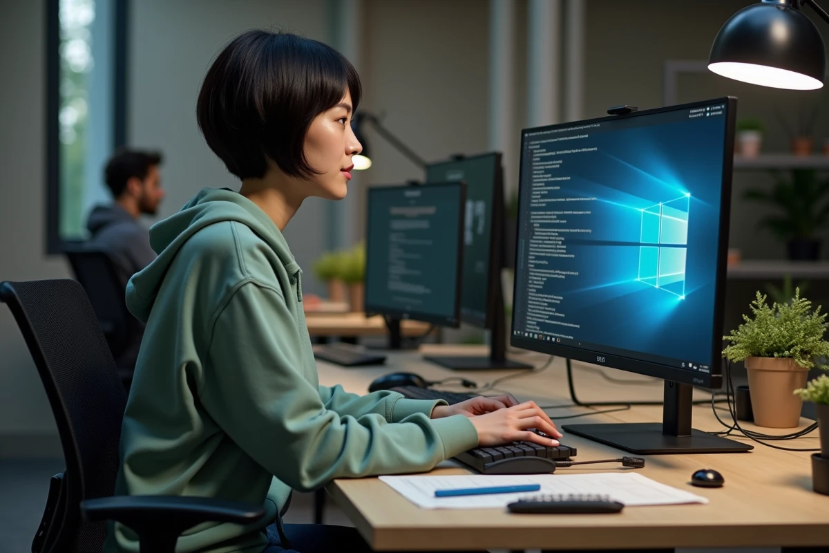 Femme configurant le BIOS d'un nouveau PC dans un espace de coworking moderne
