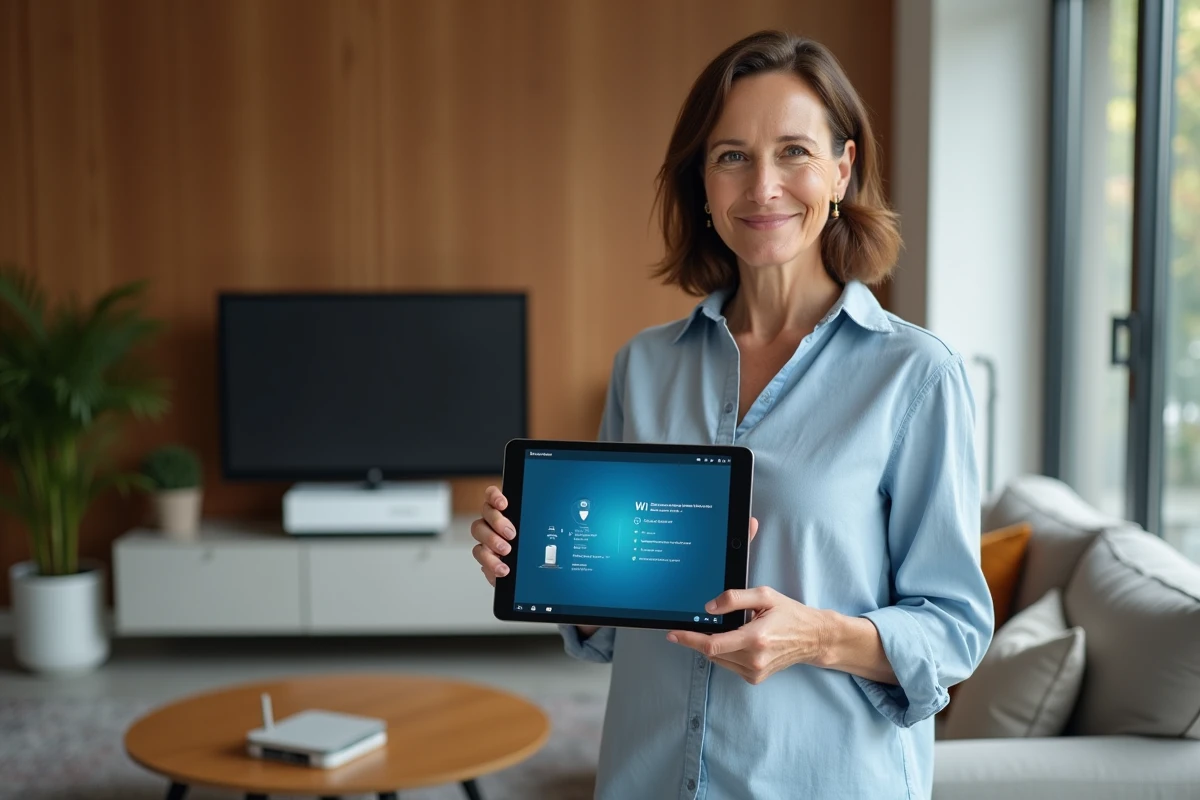 Femme configurant le réseau Wi-Fi via l'interface Freebox OS sur une tablette dans son salon