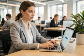Femme créant un nouveau compte MyPrimobox sur son ordinateur portable dans un bureau professionnel moderne