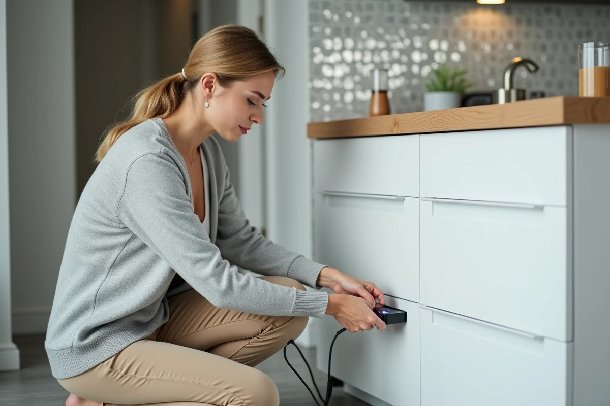 Femme branchant un câble internet dans un appartement lumineux