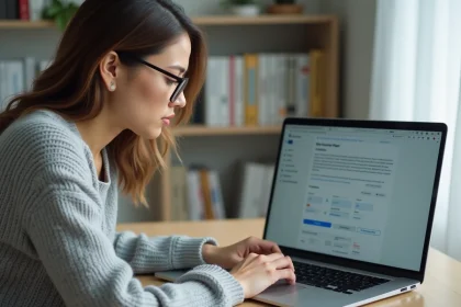 Femme concentrée convertissant un fichier urgent sur son ordinateur portable dans un bureau à domicile moderne