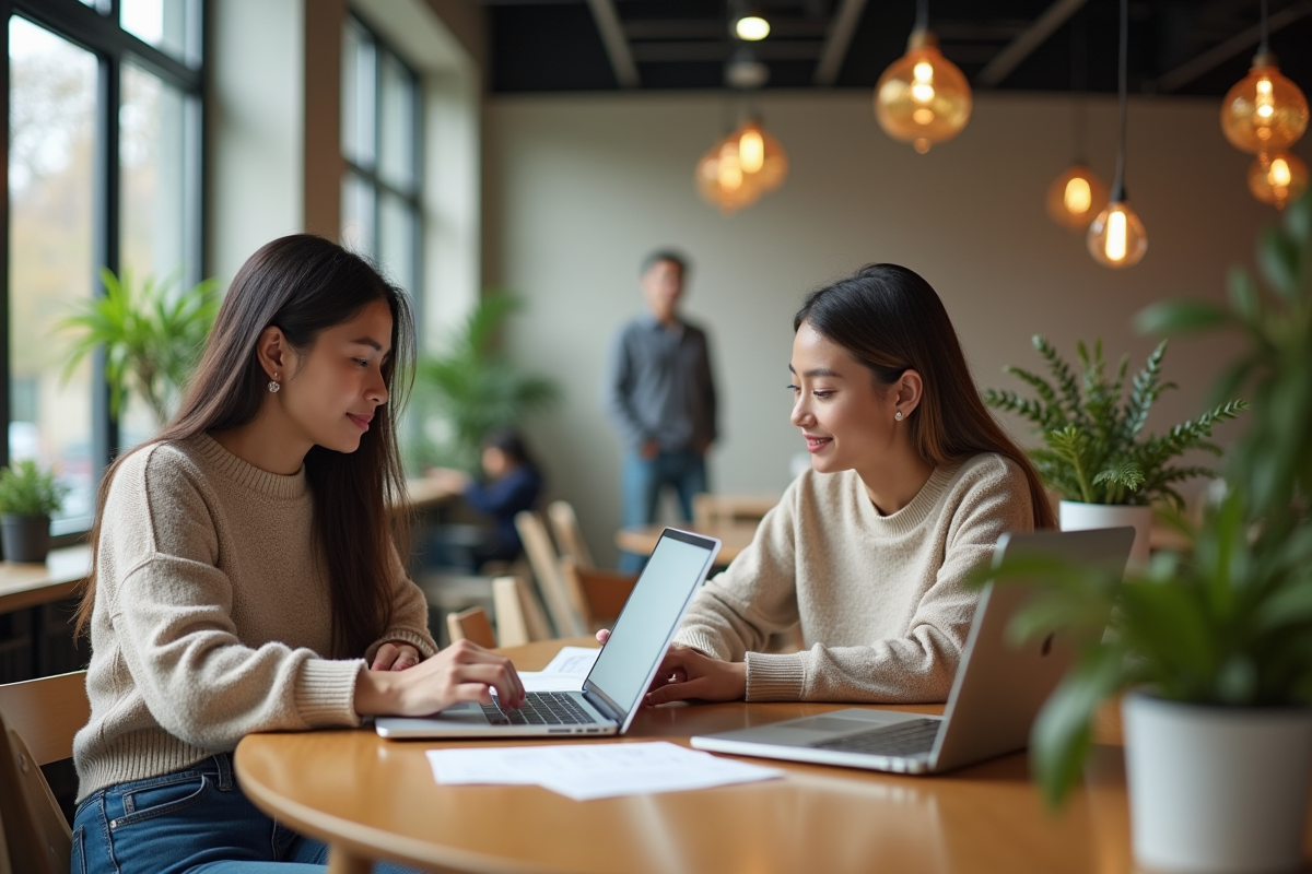 Jeune femme échangeant des documents dans un espace de coworking lumineux