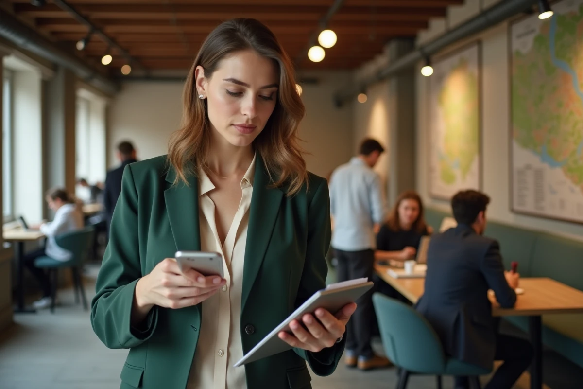 Jeune femme v&eacute;rifiant ses emails dans un espace de coworking &agrave; Strasbourg