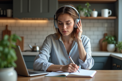 Femme concentrée en cuisine avec ordinateur et casque