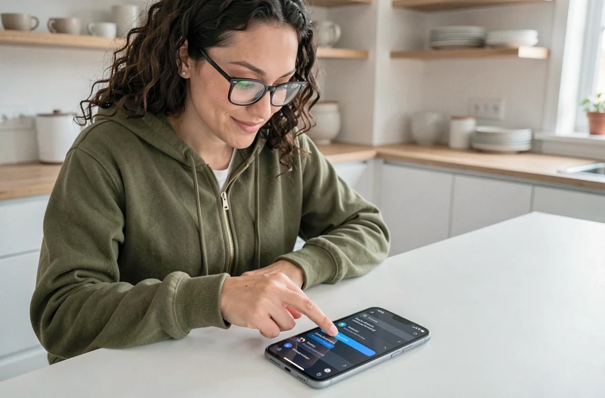 Femme avec lunettes explorant les réglages secrets du Google Pixel 9 dans une cuisine moderne