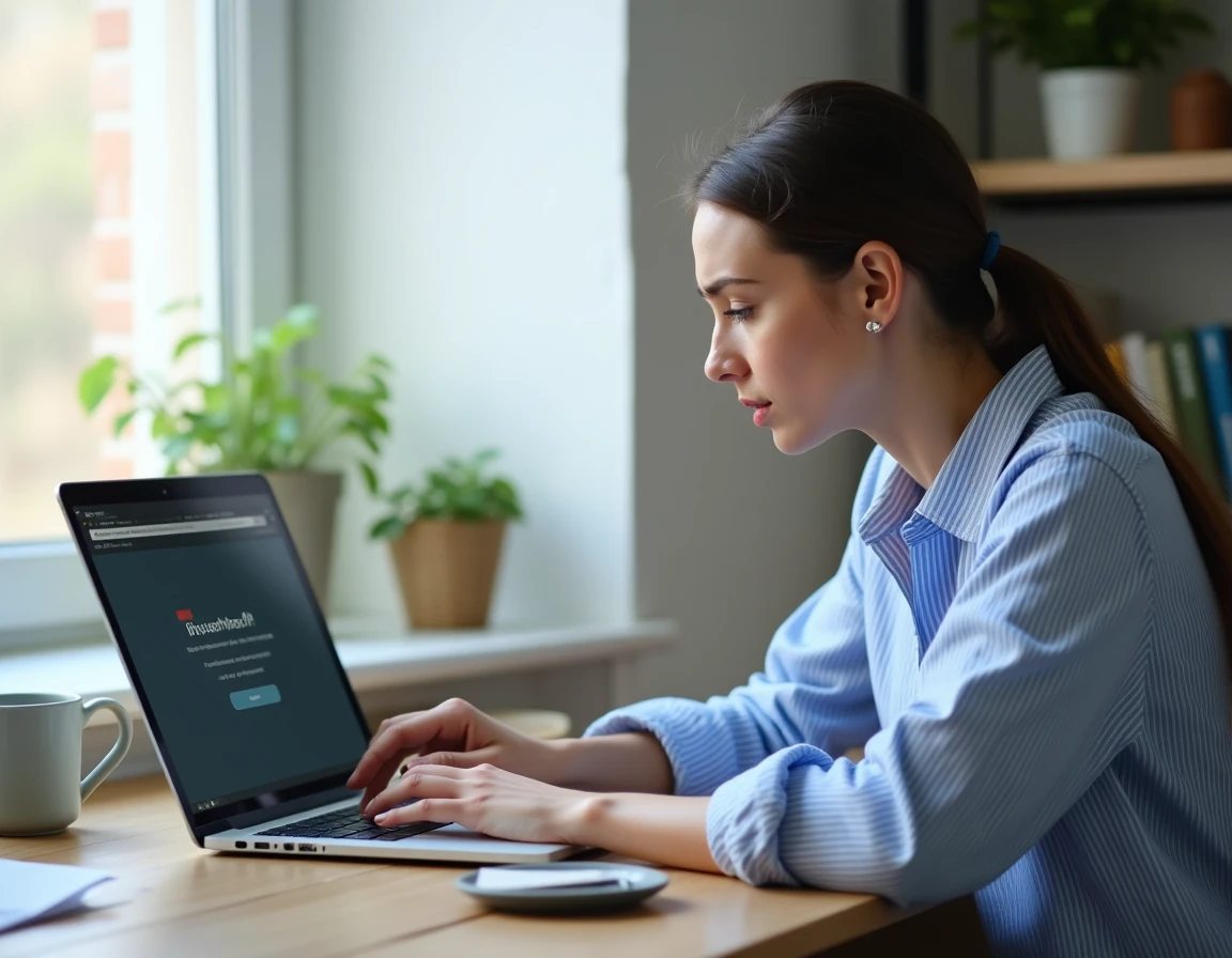 Femme face à une erreur de connexion Bouygues F3411 sur son ordinateur portable à domicile