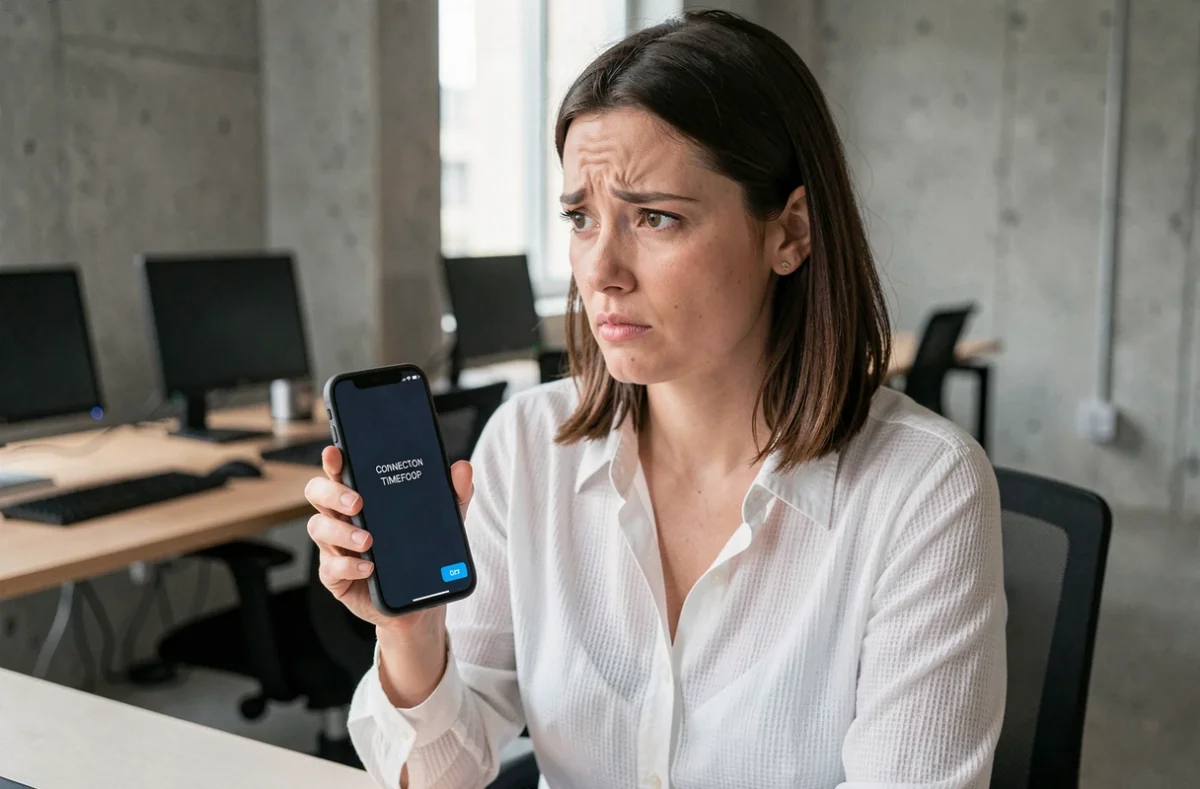 Femme consultant une erreur de connexion sur son smartphone dans un bureau moderne, illustrant un blocage ou bug d'accès à Dopriv