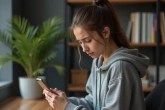 Jeune femme frustrée regardant une erreur sur son smartphone liée à une application Instagram bloquée