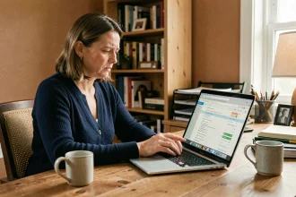 Femme consultant sa boîte mail NetCourrier pour gérer les filtres anti-spam sur son ordinateur portable