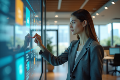 Jeune femme au bureau moderne utilisant un grand écran tactile