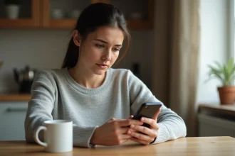 Femme inquiète tenant un iPhone avec galerie photos vide cherchant à récupérer des photos supprimées définitivement