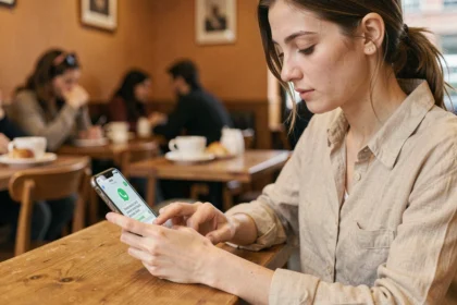 Jeune femme écrivant un message WhatsApp en italique depuis son smartphone dans un café