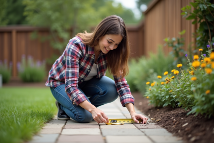 Femme mesurant un bordure dans un jardin en extérieur