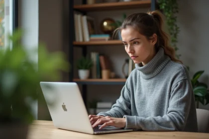 Femme utilisant la navigation privée sur son ordinateur portable dans un bureau à domicile