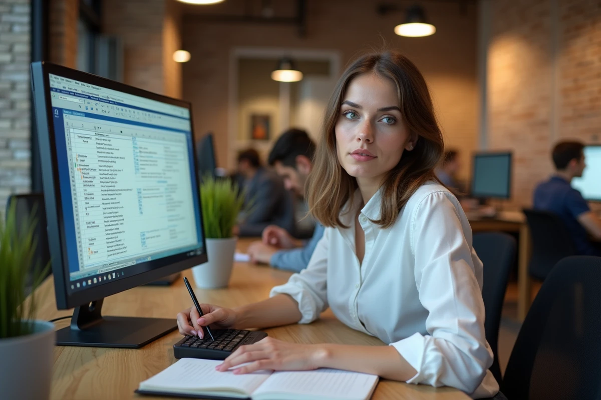 Femme prenant des notes sur la boucle VBA For Loop Excel dans un espace de coworking moderne