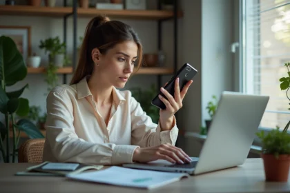 Femme en bureau moderne utilisant son smartphone