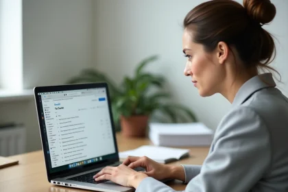 Femme organisée gérant sa boîte mail webmail sur un ordinateur portable dans un bureau minimaliste