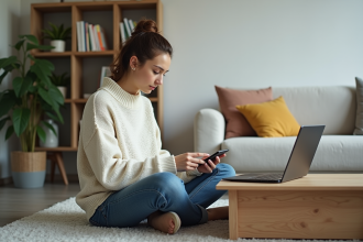 Jeune femme organisée avec appareils numériques dans un salon moderne