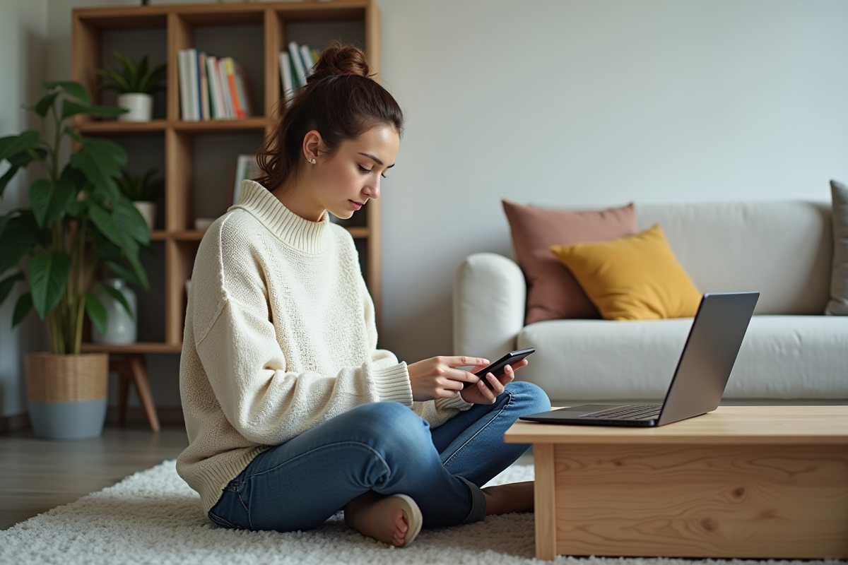 Jeune femme organisée avec appareils numériques dans un salon moderne