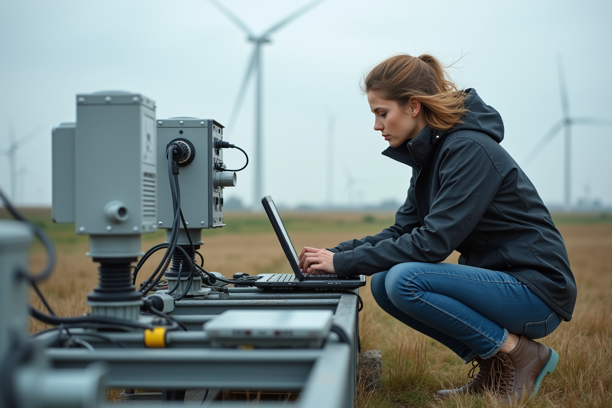 Jeune femme en extérieur avec capteur industriel et turbine éolienne