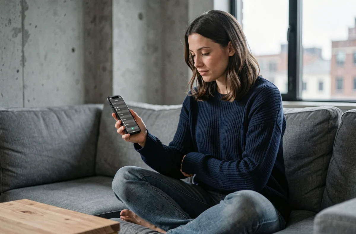 Femme assise sur un canapé consultant les paramètres avancés de son Google Pixel 9