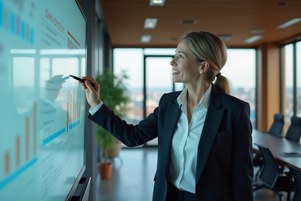 Femme confiante présentant un projet avec tableau digital
