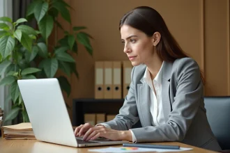 Femme professionnelle travaillant sur un tableau Excel pour transformer des lignes en colonnes, vue de trois quarts dans un bureau moderne