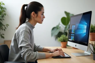 Femme créant un raccourci sur le bureau Windows avec un clic droit sur un laptop