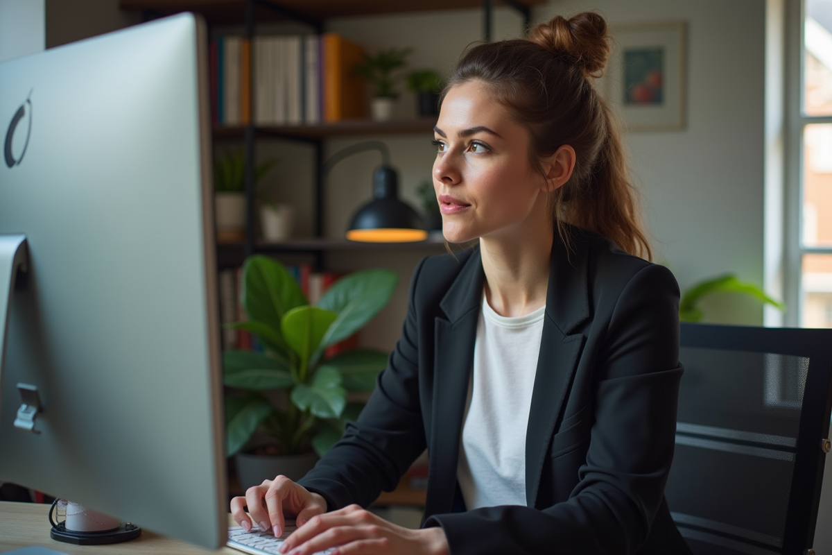 Femme en review de documentation bug bounty dans un bureau à domicile