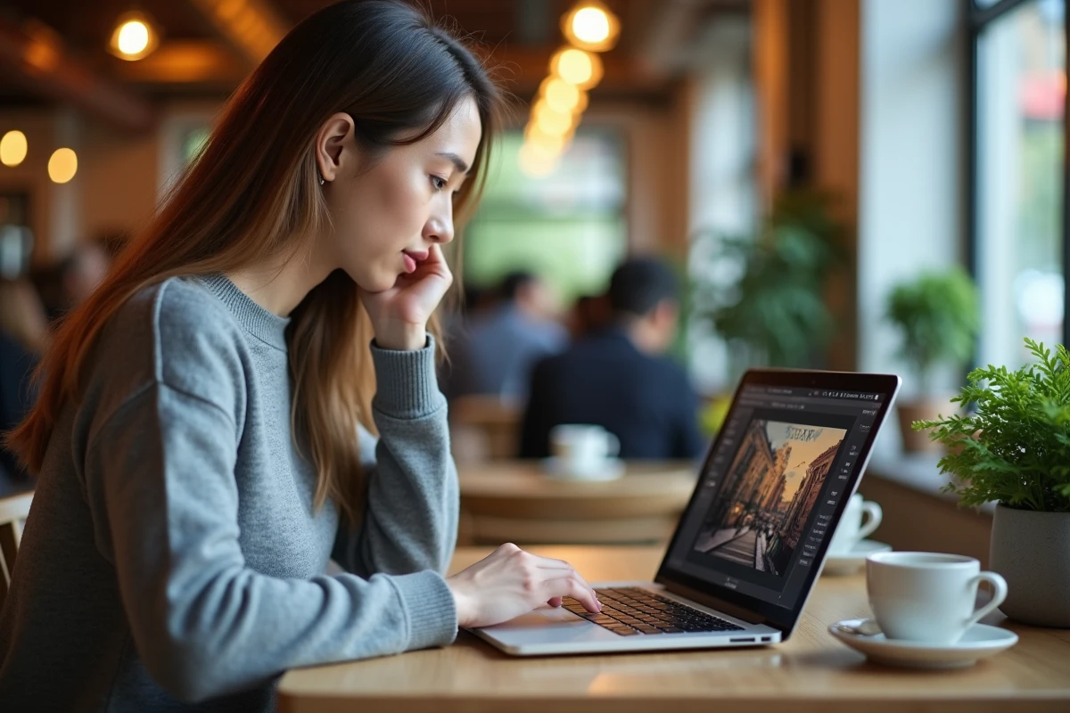 Femme dans un café regardant des images sur son ordinateur portable