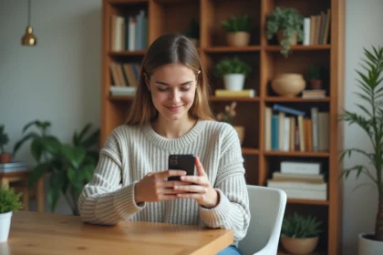 Jeune femme utilisant son smartphone dans un intérieur cosy