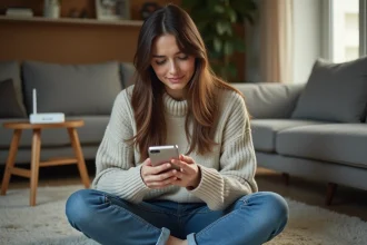Jeune femme avec smartphone Android dans un salon cosy