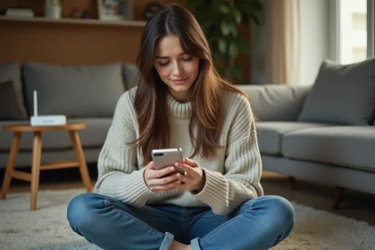 Jeune femme avec smartphone Android dans un salon cosy