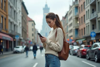 Jeune femme urbaine regardant son smartphone dans la ville
