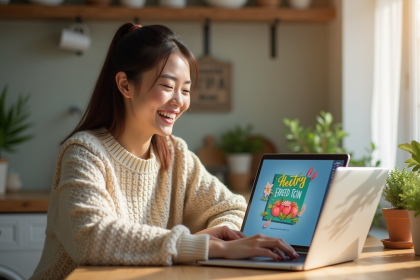 Femme souriante utilisant un ordinateur portable dans la cuisine