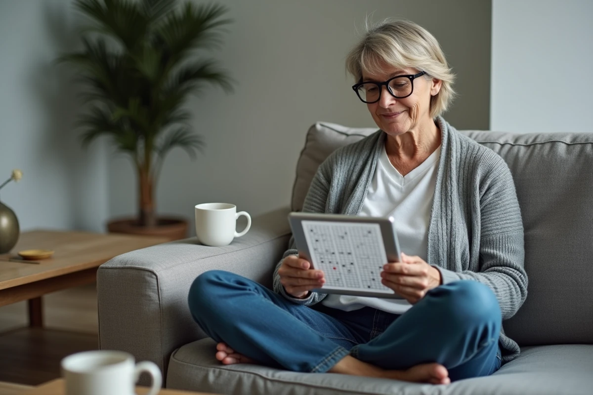 Femme avec lunettes résolvant un sudoku numérique sur tablette dans un salon moderne et cosy