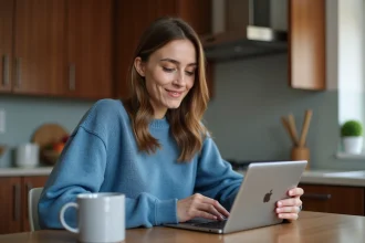 Jeune femme utilisant une tablette dans la cuisine moderne