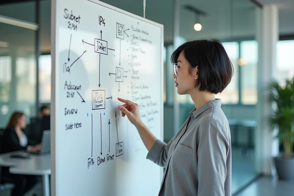 Femme expliquant un schéma de réseau IPv4 sur un tableau blanc dans un bureau moderne