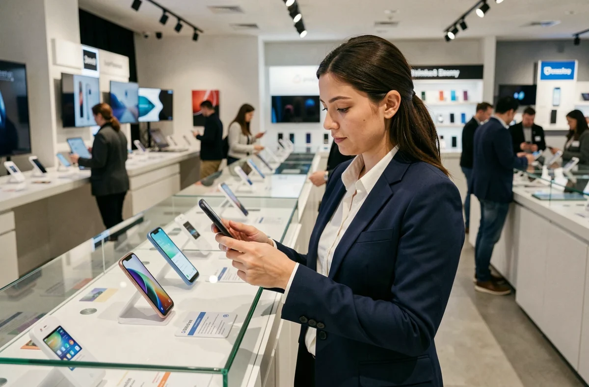 Femme examinant un téléphone Google Pixel en magasin avant achat, comparant les avis en ligne aux tests spécialisés