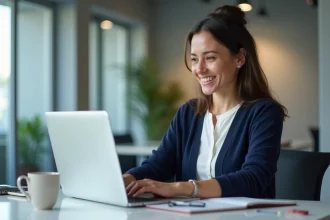 Femme concentrée sur un intranet académique au bureau