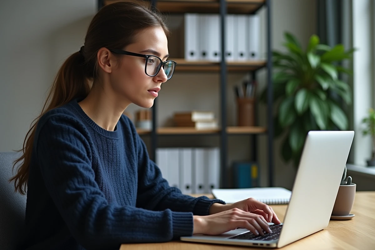 Femme concentrée travaillant sur un ordinateur dans un bureau moderne
