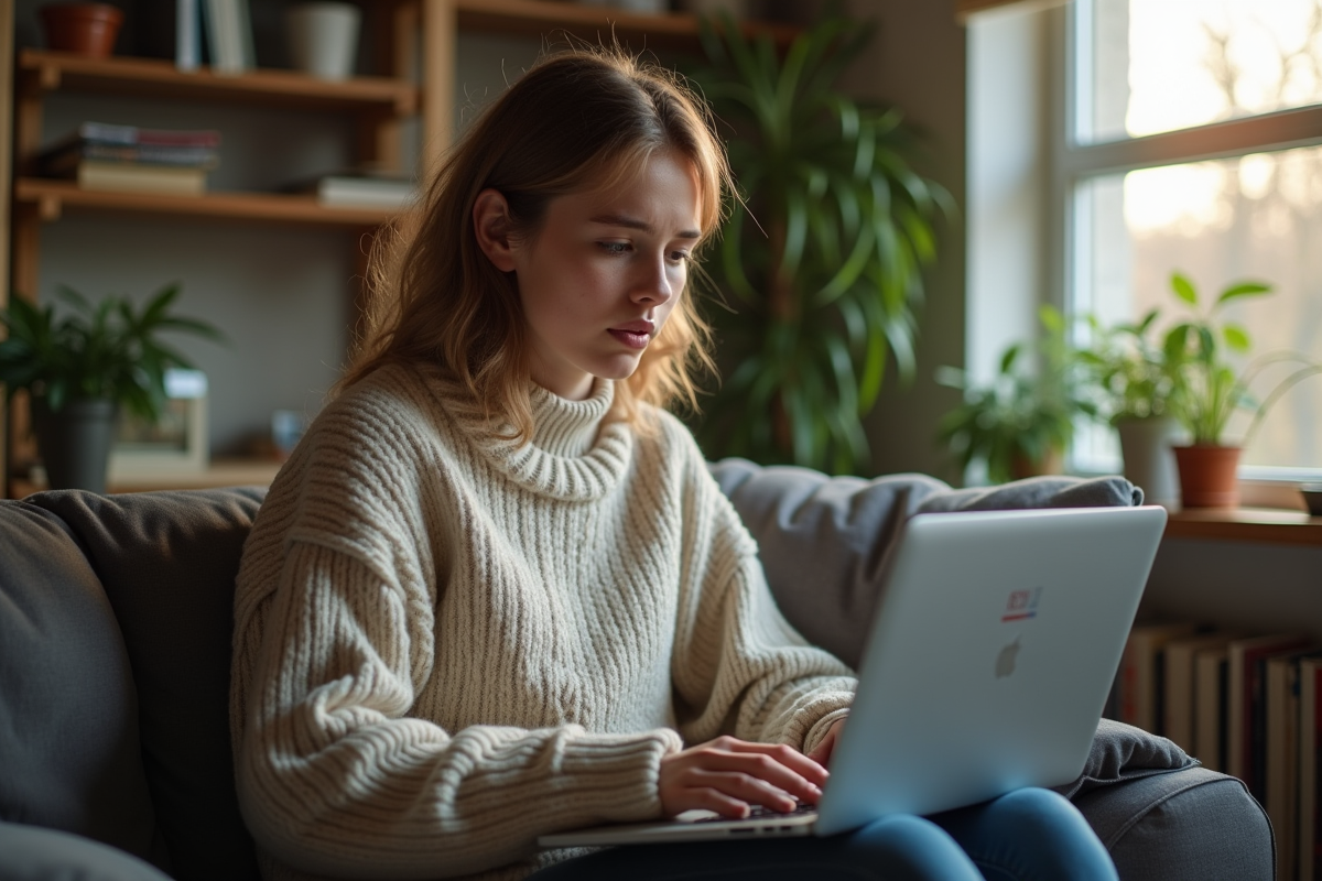 Jeune femme travaillant à domicile avec un avertissement de connexion