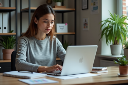 Jeune femme professionnelle travaillant sur son ordinateur dans un bureau organisé