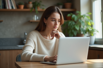 Femme concentrée utilisant un ordinateur portable dans un intérieur lumineux