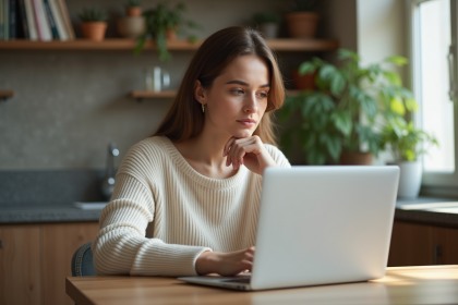 Femme concentrée utilisant un ordinateur portable dans un intérieur lumineux