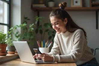 Jeune femme en télétravail avec smartphone et ordinateur