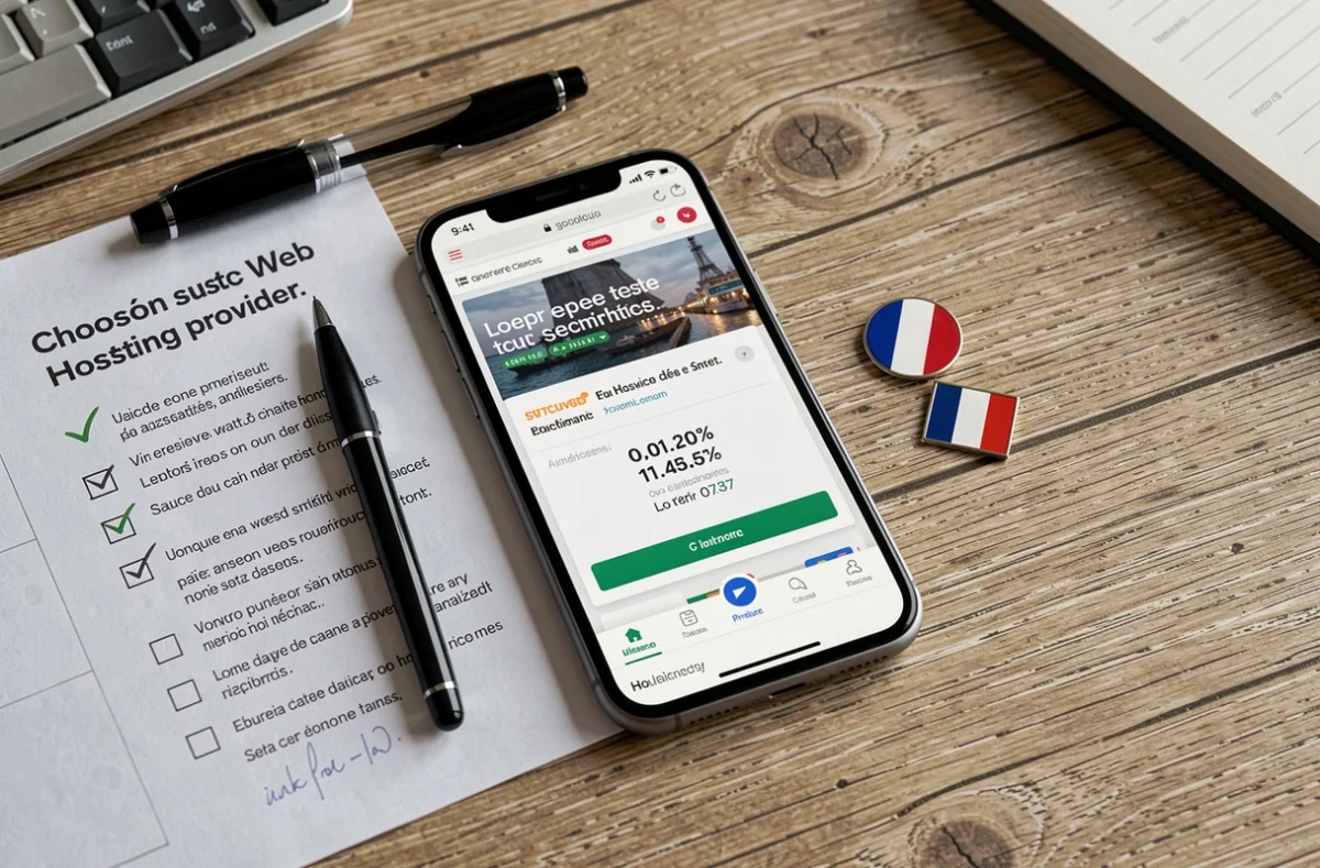 Flat lay d'un smartphone affichant un test de vitesse d'hébergement web français avec une checklist pour e-commerce