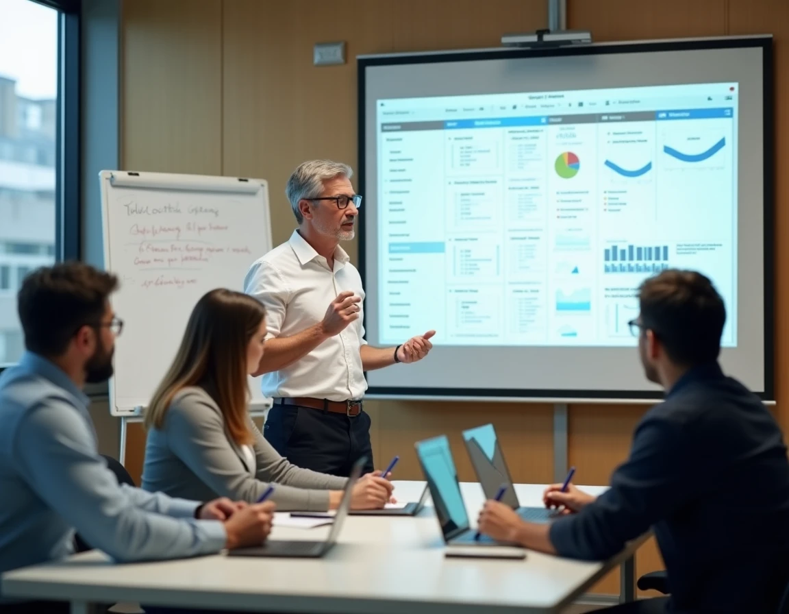 Formateur présentant un tutoriel Epsilon Scan Tool à une équipe en salle de formation avec projection d'interface logicielle